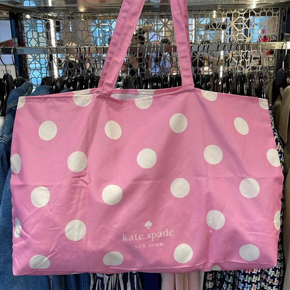 Kate Spade Soft Pink-White Polka Dots Canvas Tote XL Reusable Shopping Beach Bag - Picture 6 of 16
